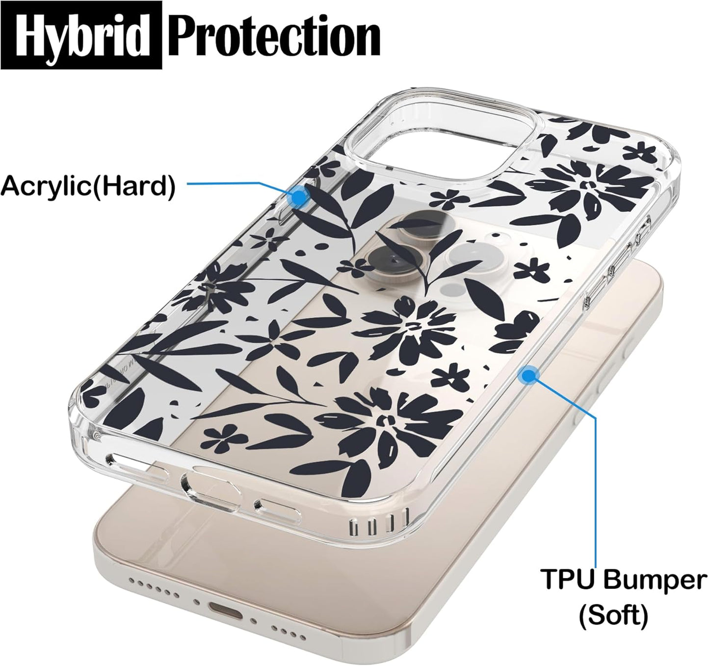 iPhone 16 Pro Case, Anti-Scratch Clear Case - Black Flowers
