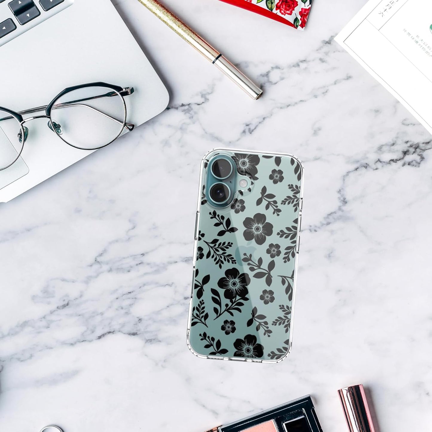 iPhone 16 Plus Case, Anti-Scratch Clear Case - Black Roses Flowers