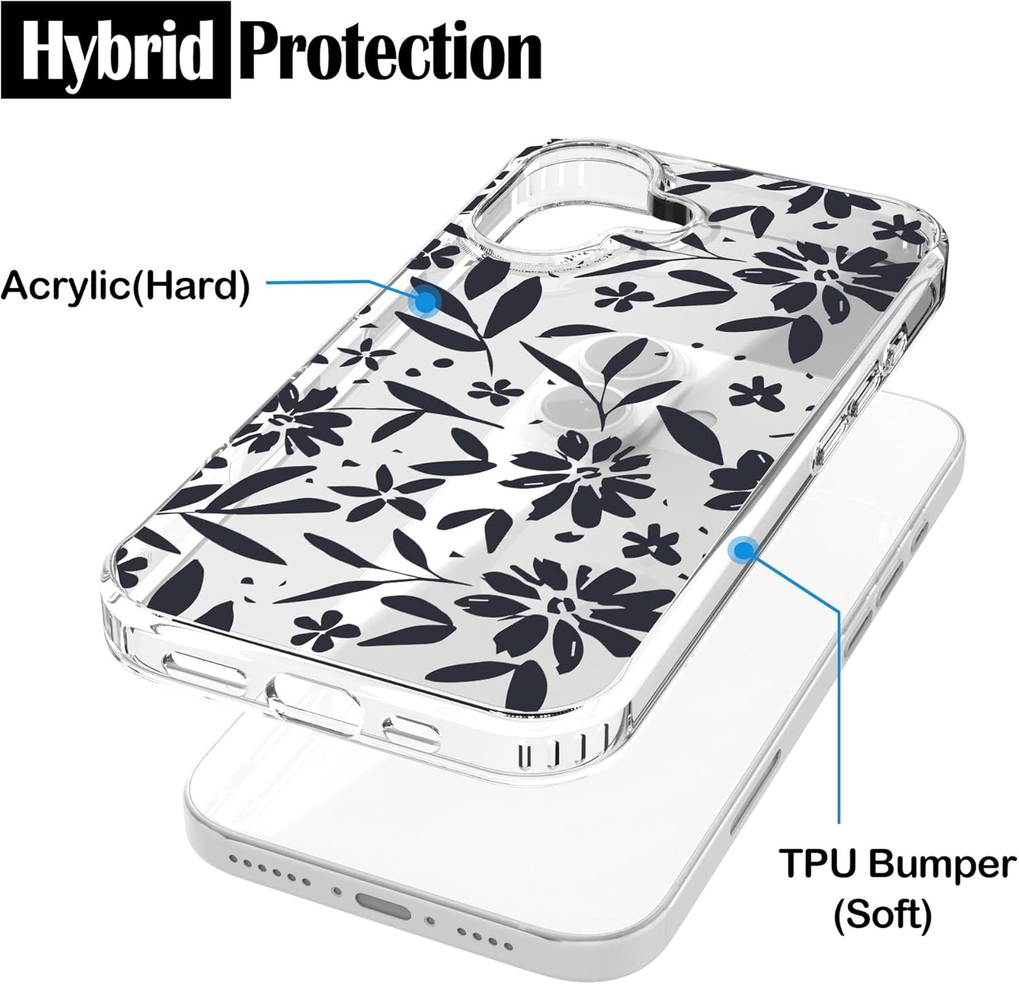 iPhone 16 Case, Anti-Scratch Clear Case - Black Flowers