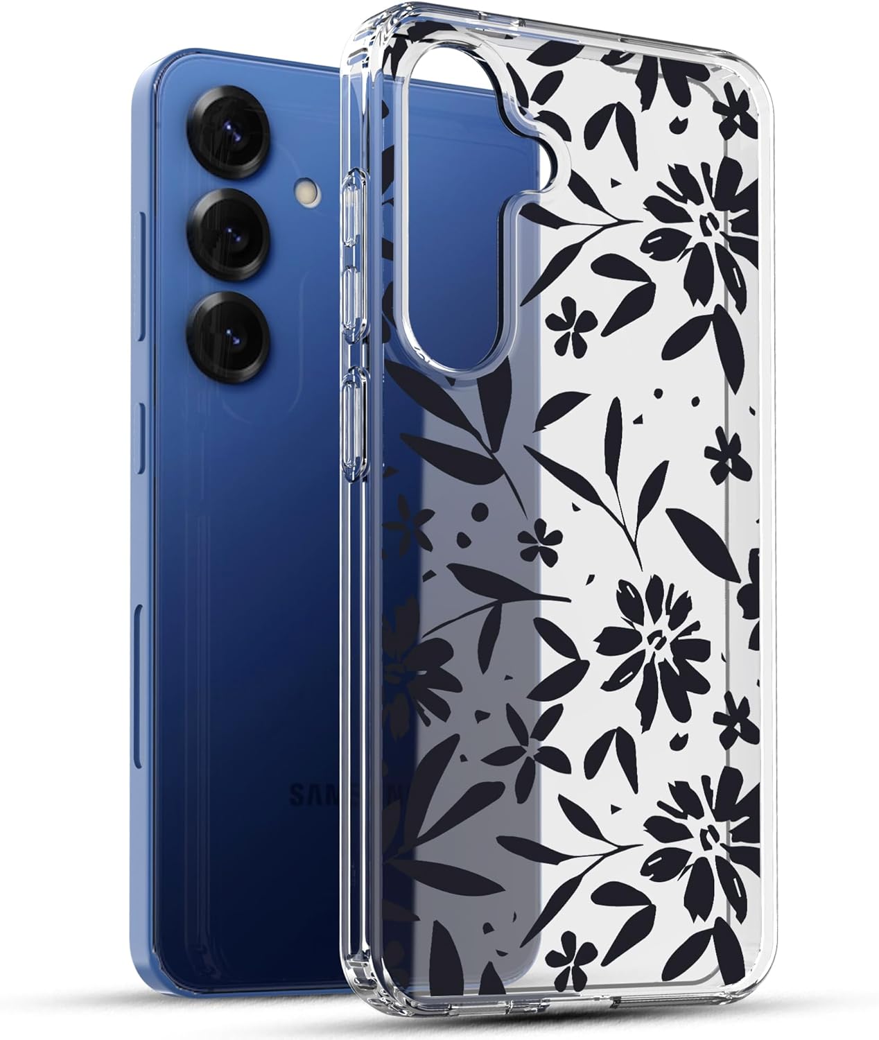 Samsung Galaxy S25 Case, Anti-Scratch Clear Case with Design - Black Flowers