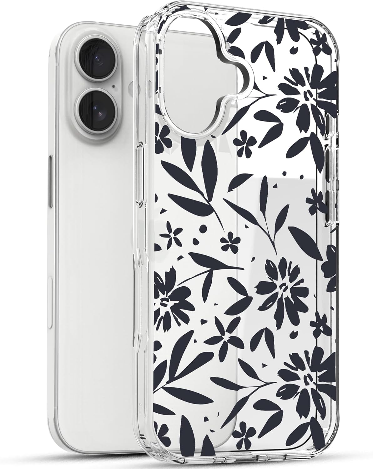 iPhone 16 Case, Anti-Scratch Clear Case - Black Flowers