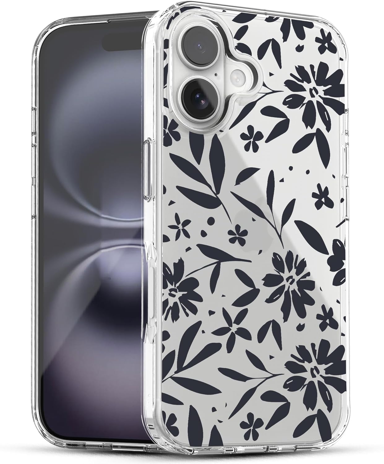 iPhone 16 Case, Anti-Scratch Clear Case - Black Flowers