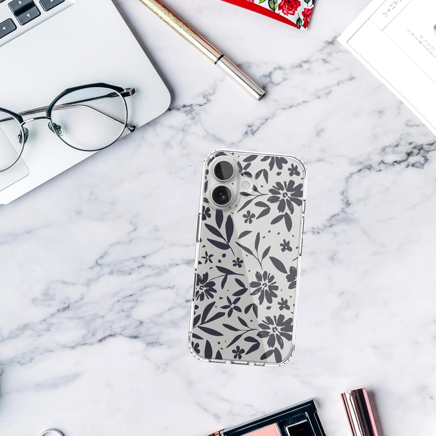 iPhone 16 Case, Anti-Scratch Clear Case - Black Flowers