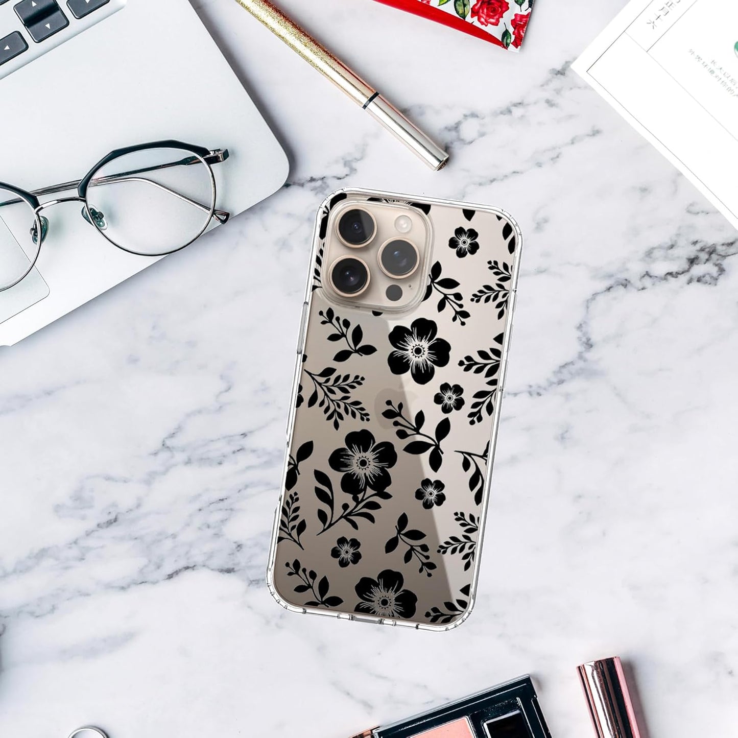 iPhone 16 Pro Case, Anti-Scratch Clear Case - Black Roses Flowers