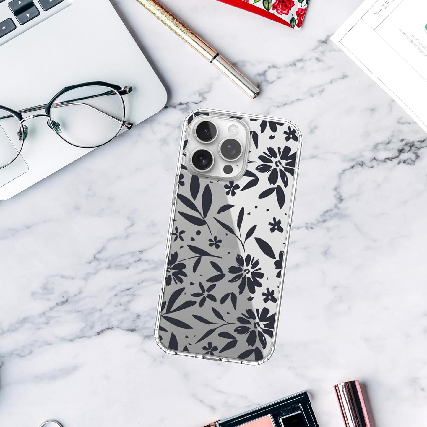 iPhone 16 Pro Case, Anti-Scratch Clear Case - Black Flowers