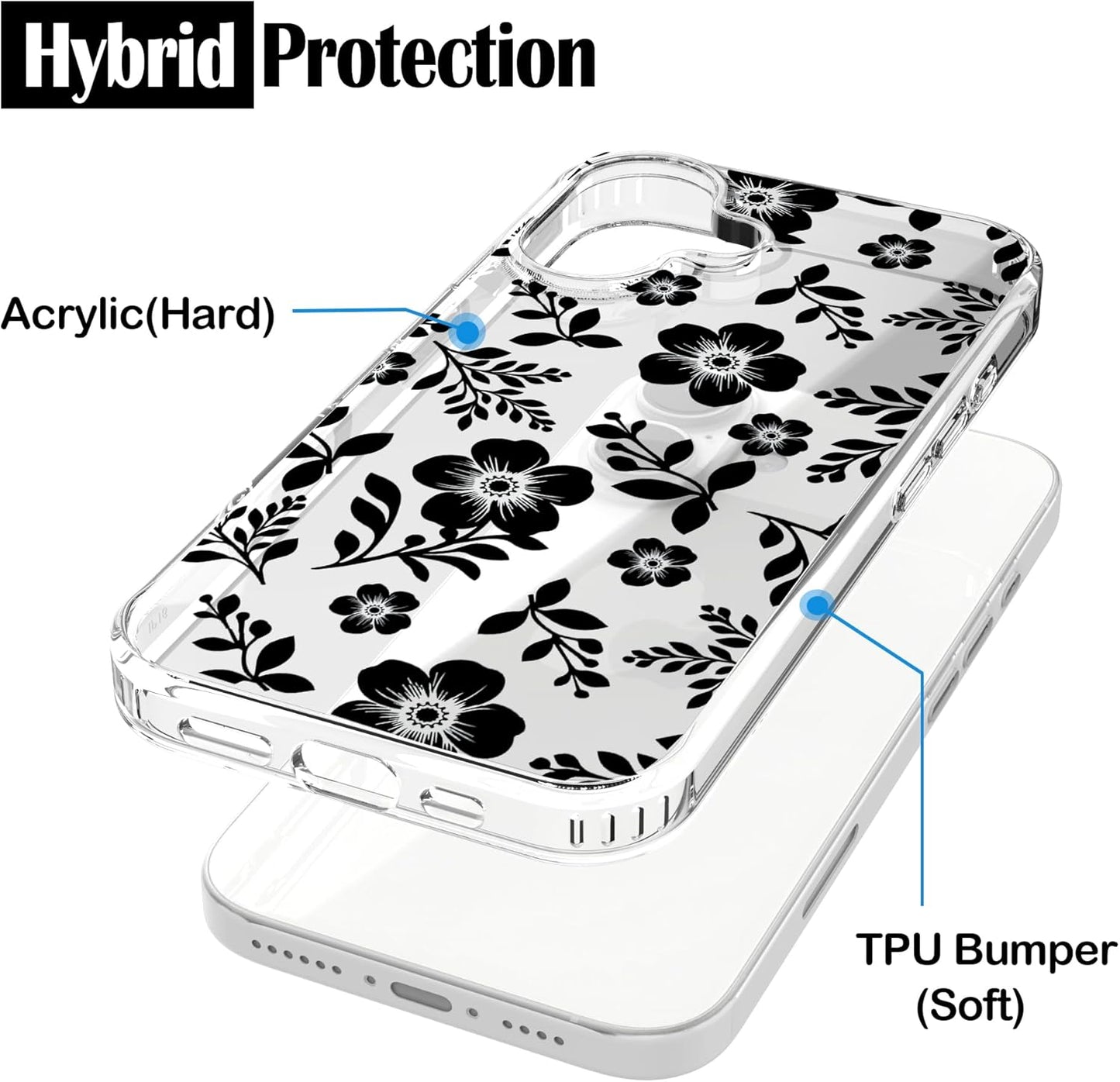 iPhone 16 Plus Case, Anti-Scratch Clear Case - Black Roses Flowers