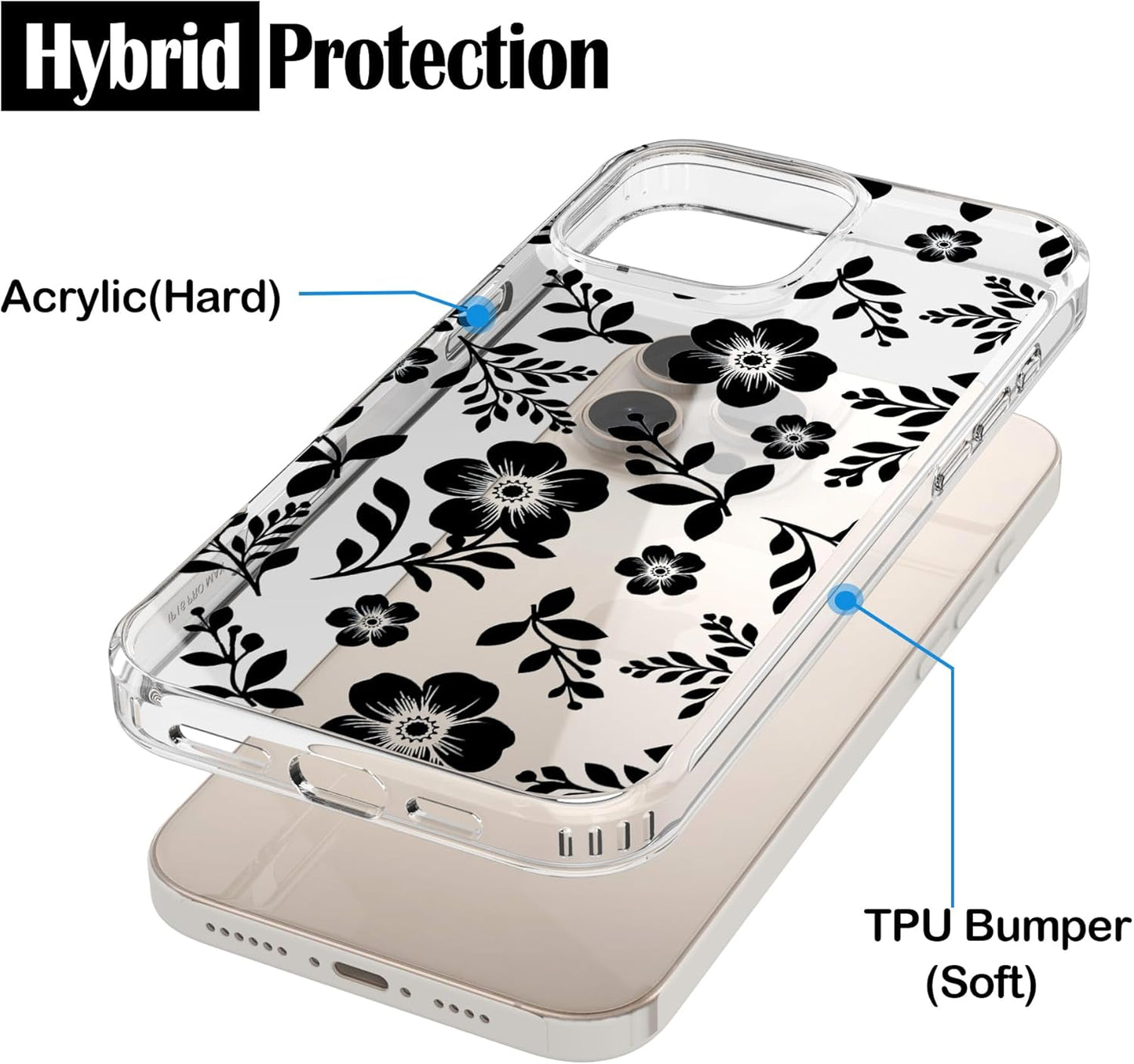 iPhone 16 Pro Case, Anti-Scratch Clear Case - Black Roses Flowers