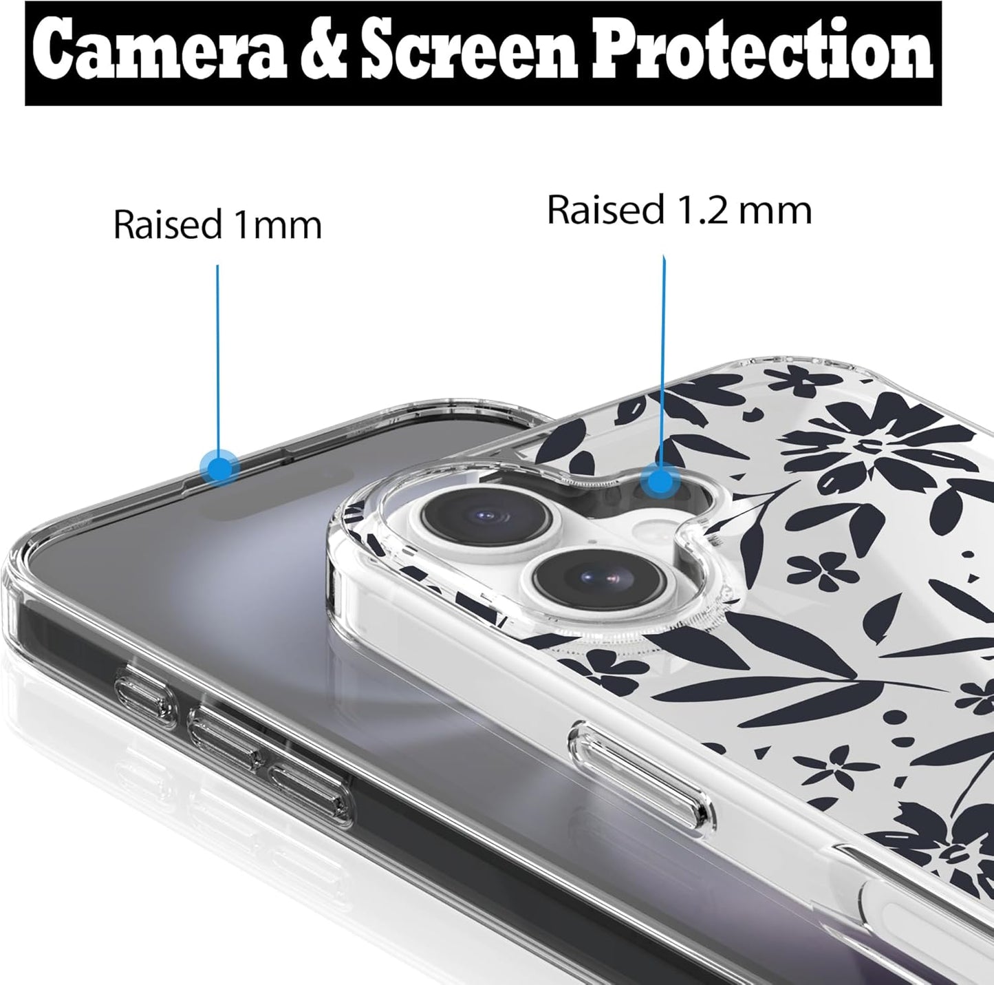 iPhone 16 Case, Anti-Scratch Clear Case - Black Flowers