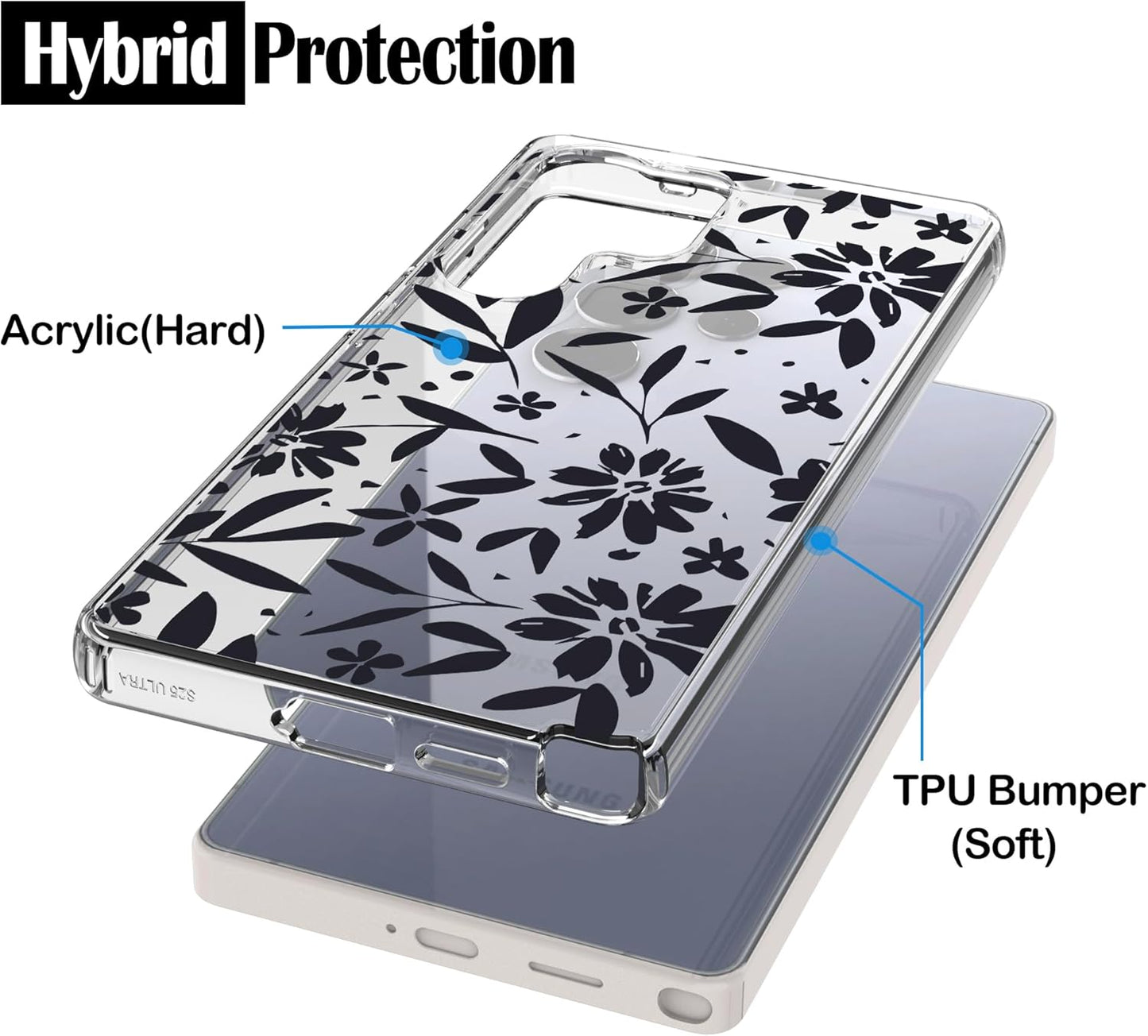 Samsung Galaxy S25 Ultra Case, Anti-Scratch Clear Case with Design - Black Flowers