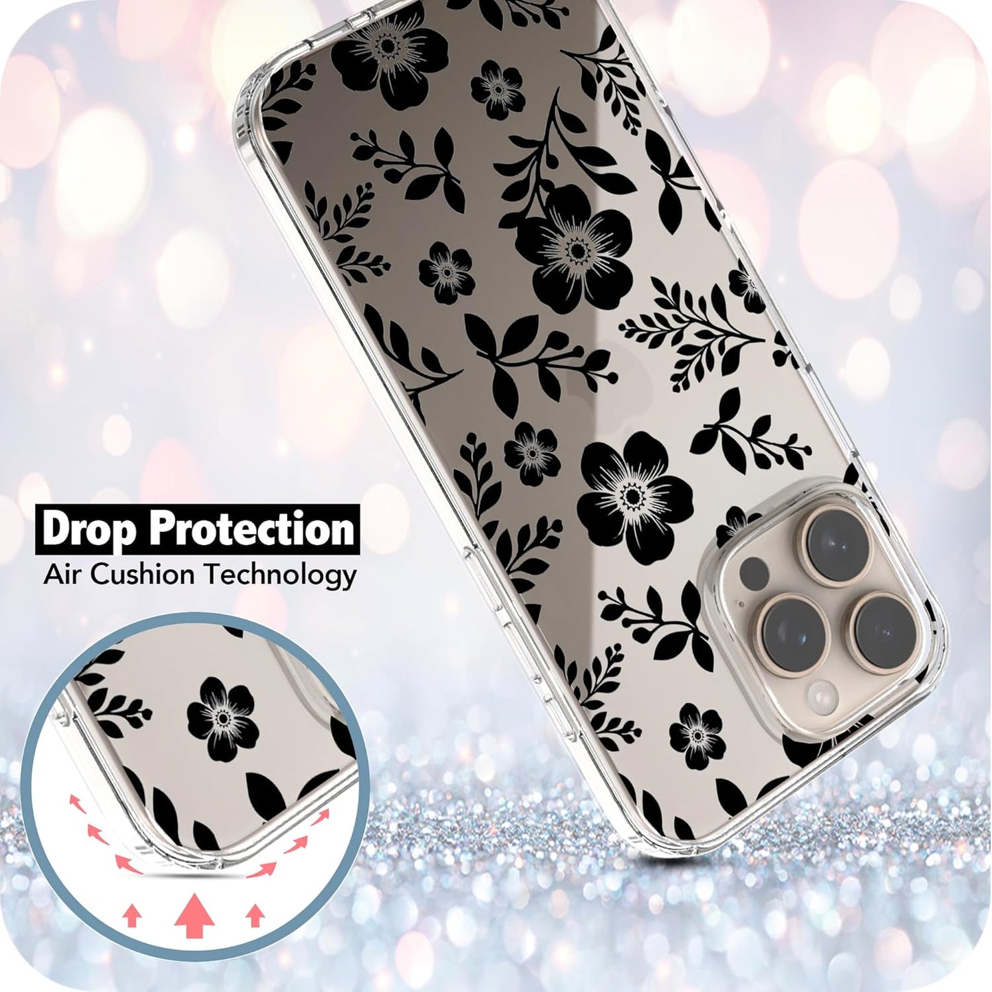 iPhone 16 Pro Case, Anti-Scratch Clear Case - Black Roses Flowers