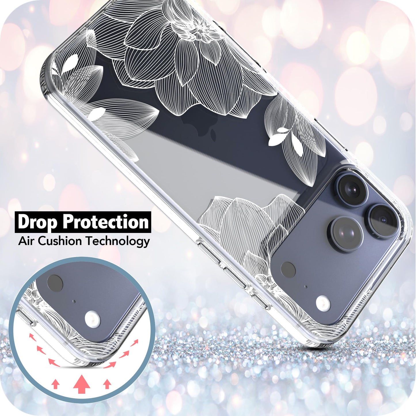 iPhone 17 Pro Case, Anti-Scratch Clear Case - White Lace Chrysanthemum