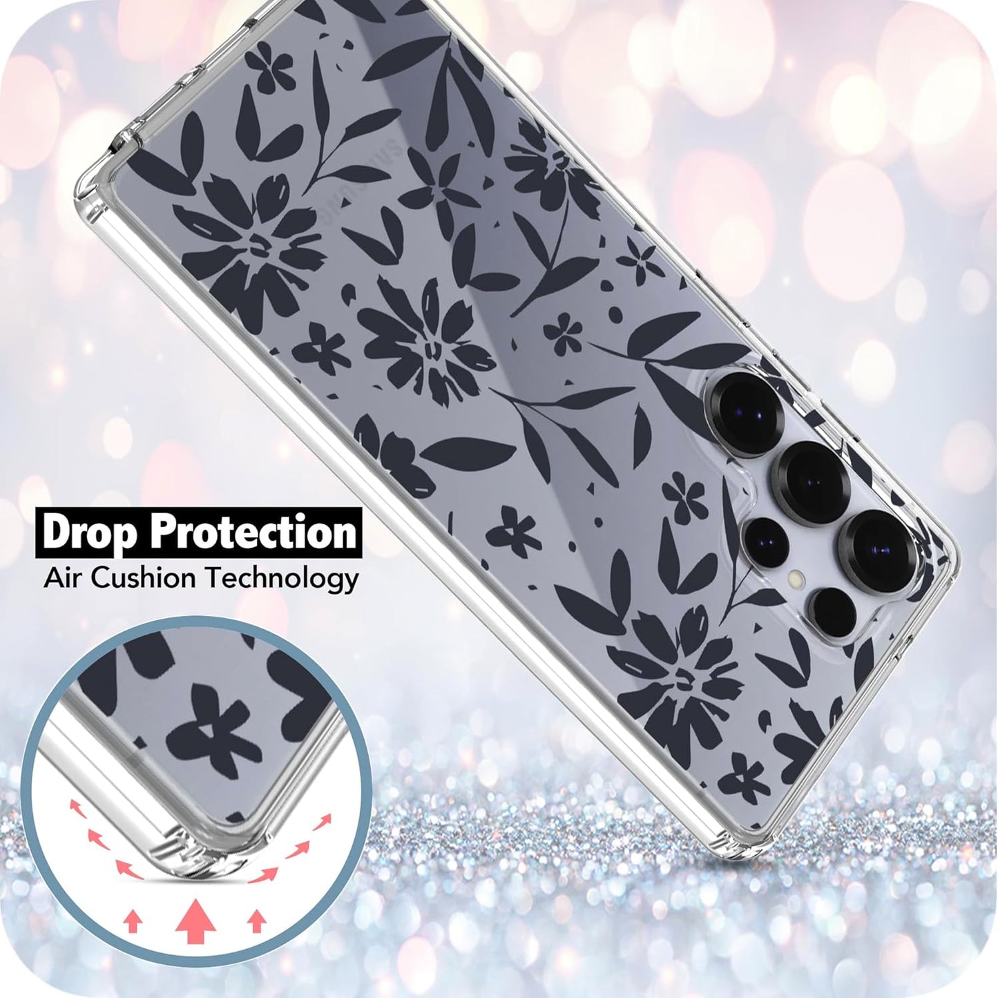 Samsung Galaxy S25 Ultra Case, Anti-Scratch Clear Case with Design - Black Flowers