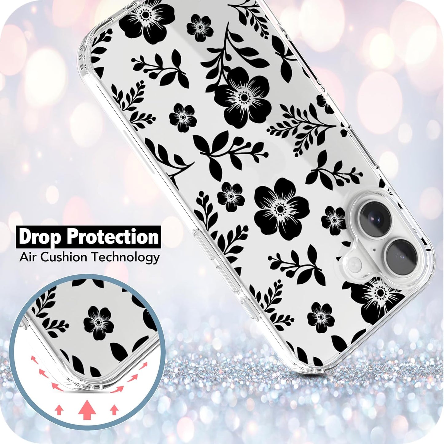 iPhone 16 Plus Case, Anti-Scratch Clear Case - Black Roses Flowers