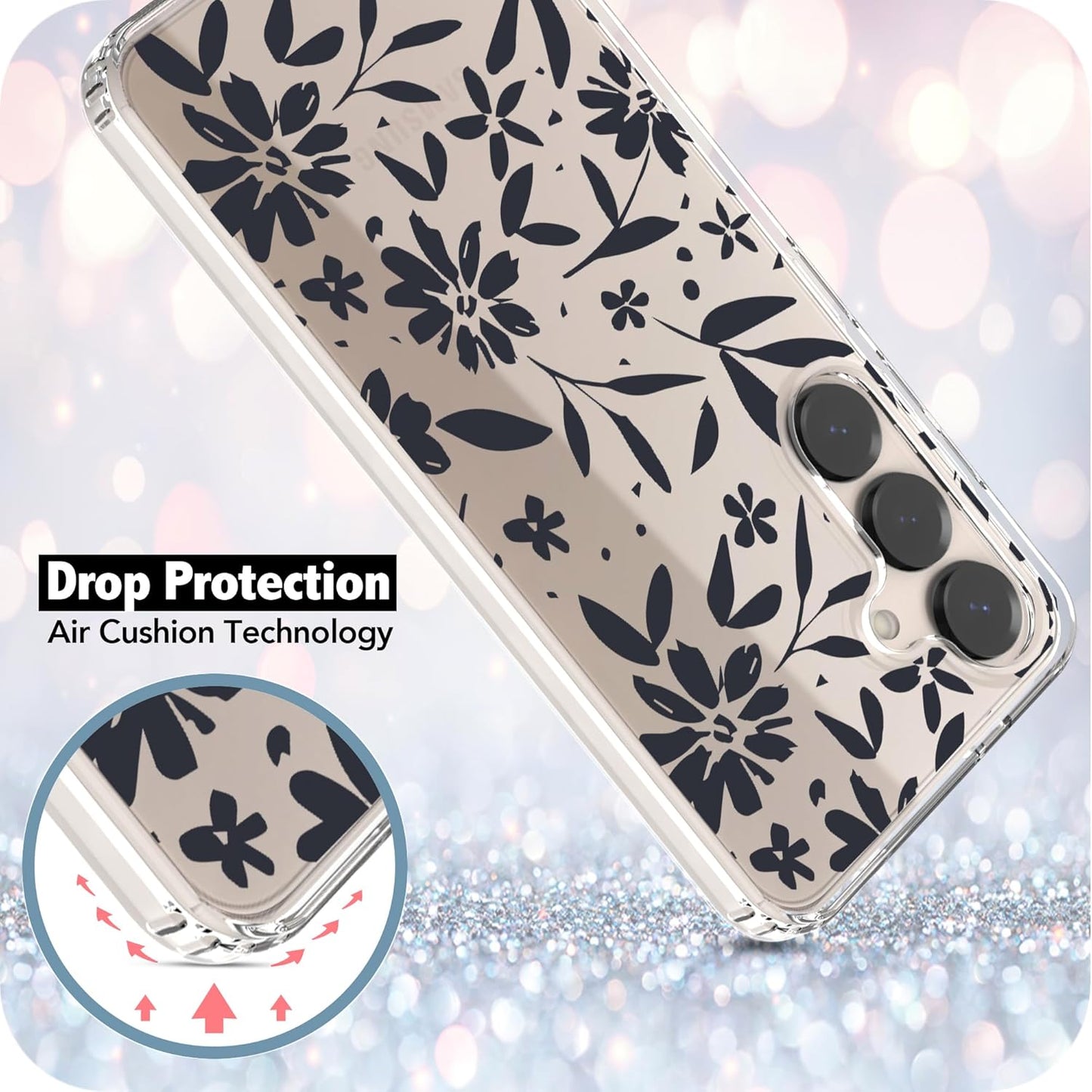 Samsung Galaxy S25 Plus Case, Anti-Scratch Clear Case with Design - Black Flowers