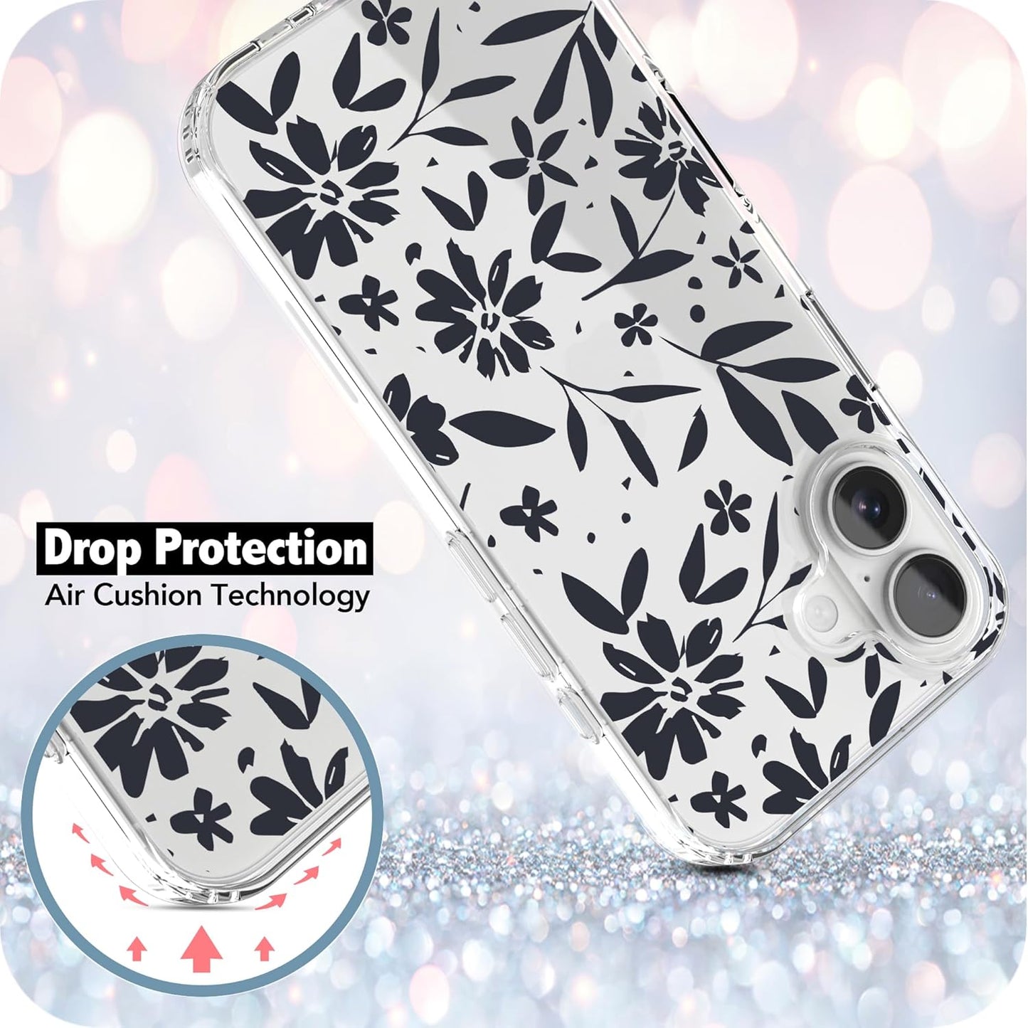iPhone 16 Case, Anti-Scratch Clear Case - Black Flowers