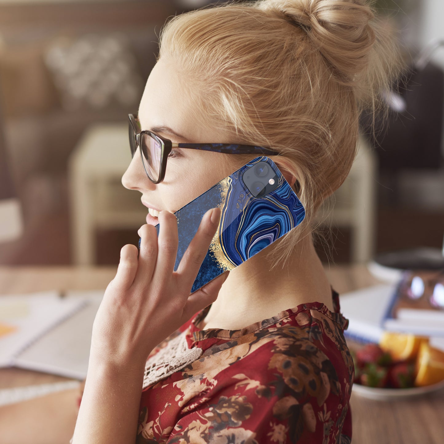 iPhone 13 Case, Ultra Slim Glossy Shockproof Scratch-Proof Case - Marble (Blue/Gold)