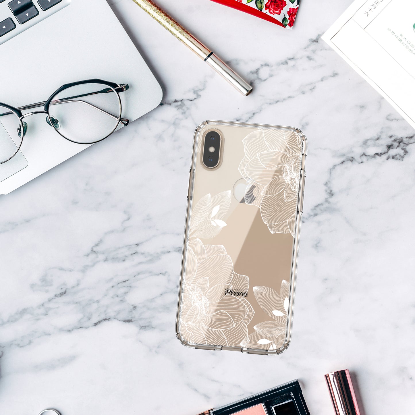 iPhone X/ Xs (5.8") Case, Anti-Scratch Clear Case - White Lace Chrysanthemum
