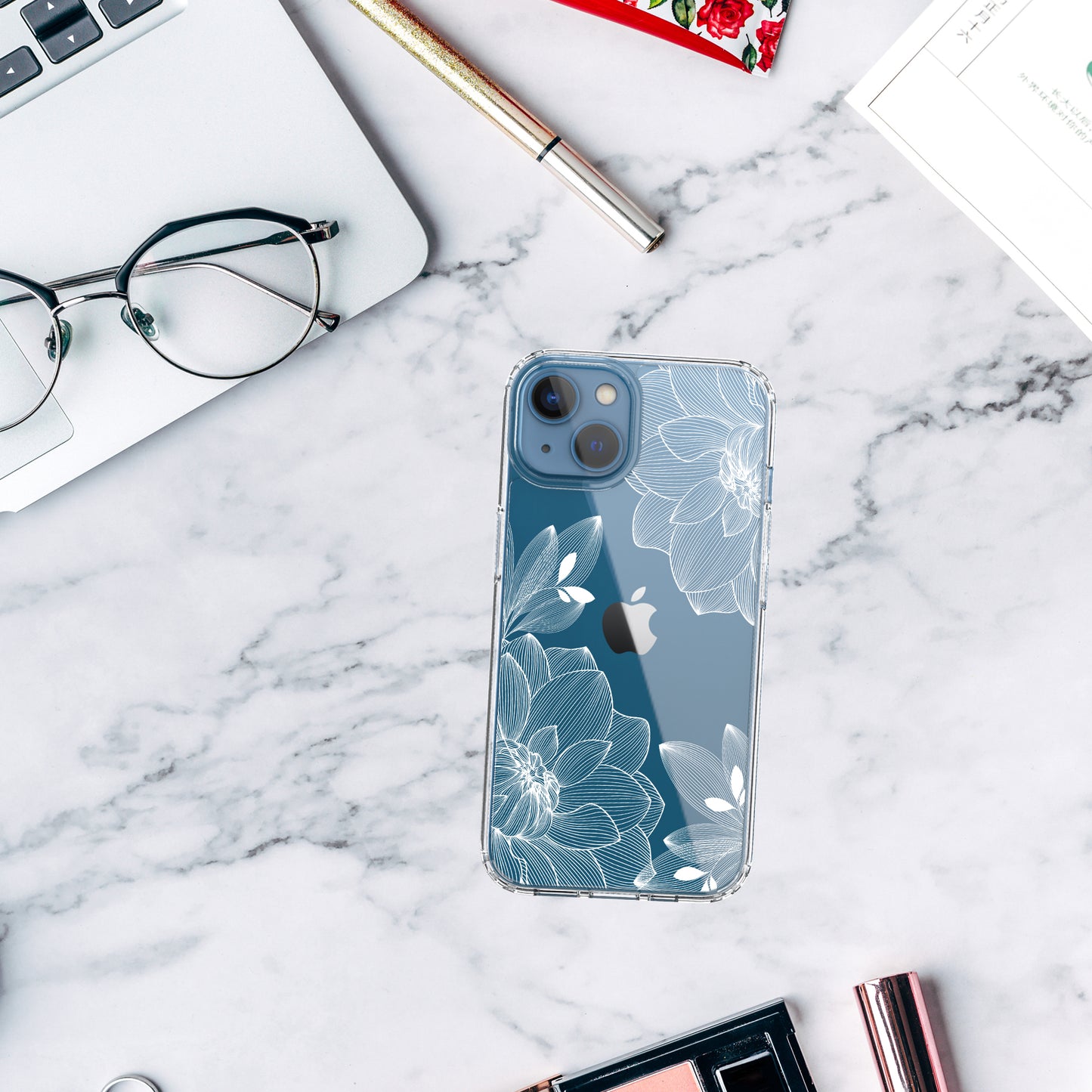 iPhone 13 Mini Case, Anti-Scratch Clear Case - White Lace Chrysanthemum