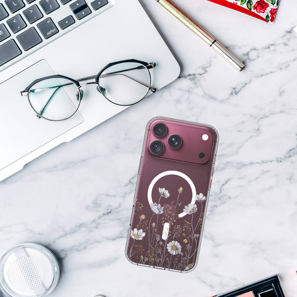 iPhone 18 Pro Case, Anti-Scratch Clear Case - Elegant Daisy Gold Floral