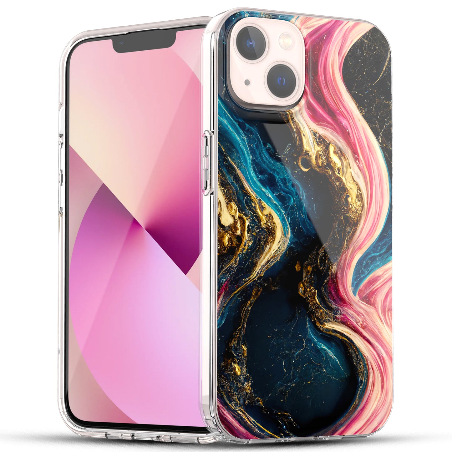 iPhone 13 Case, Anti-Scratch Clear Case - Marble Art (Pink/Blue)