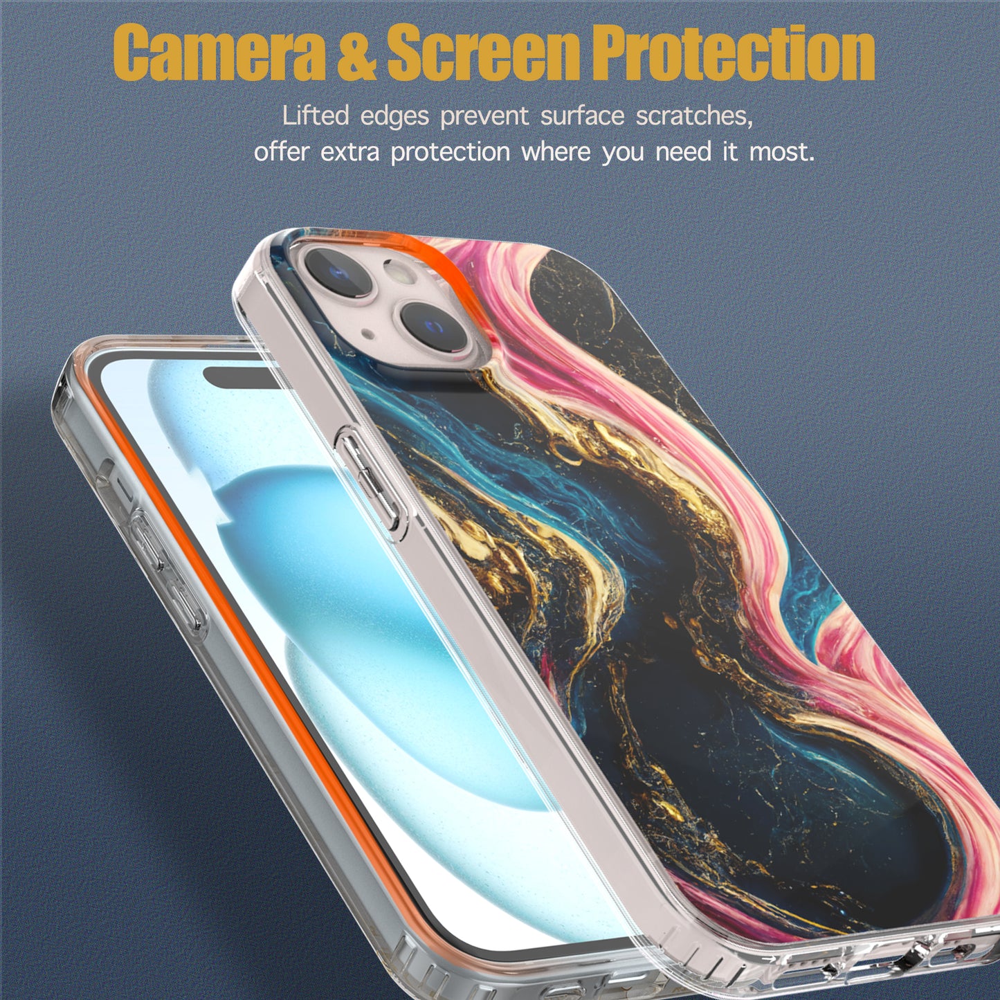 iPhone 13 Case, Anti-Scratch Clear Case - Marble Art (Pink/Blue)