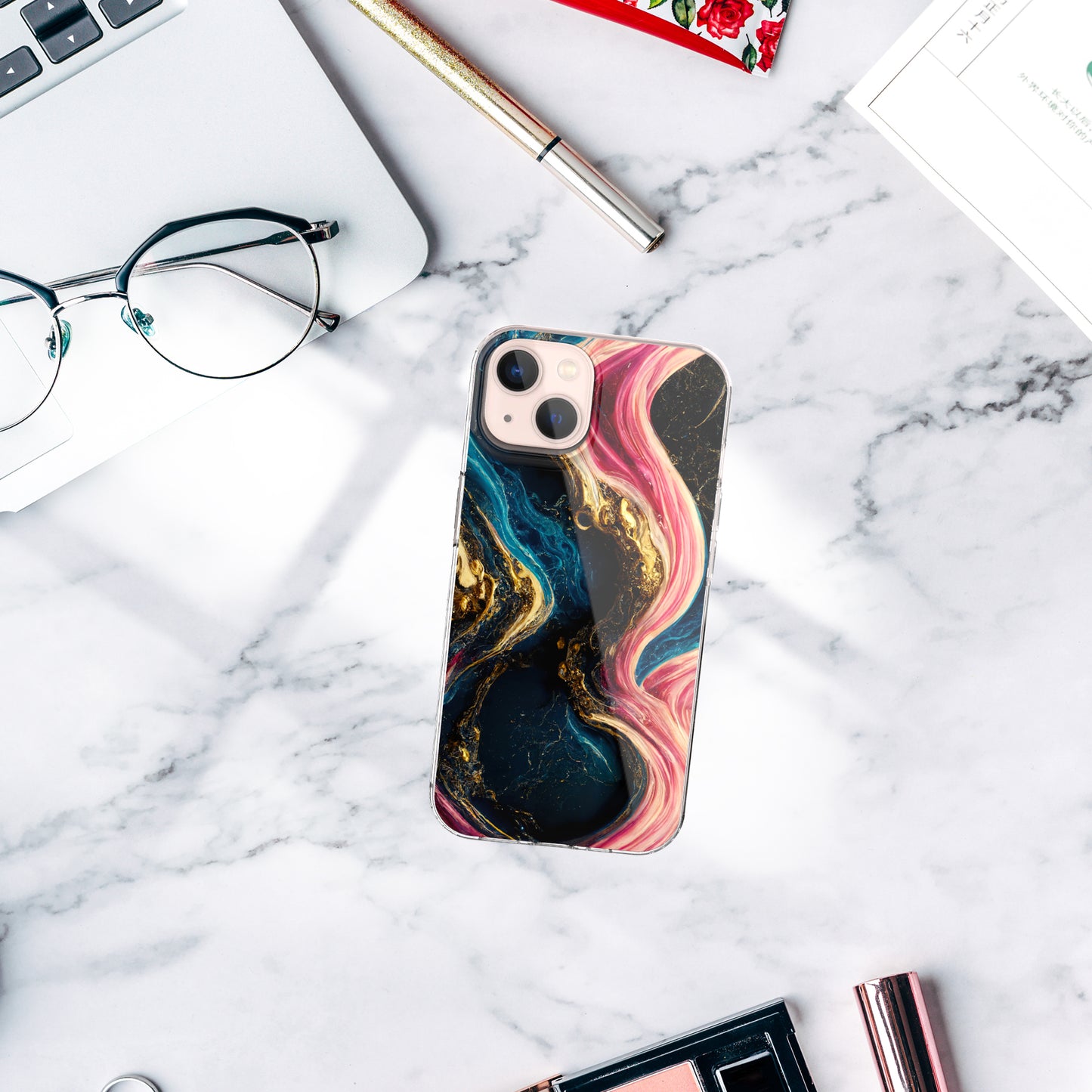 iPhone 13 Case, Anti-Scratch Clear Case - Marble Art (Pink/Blue)