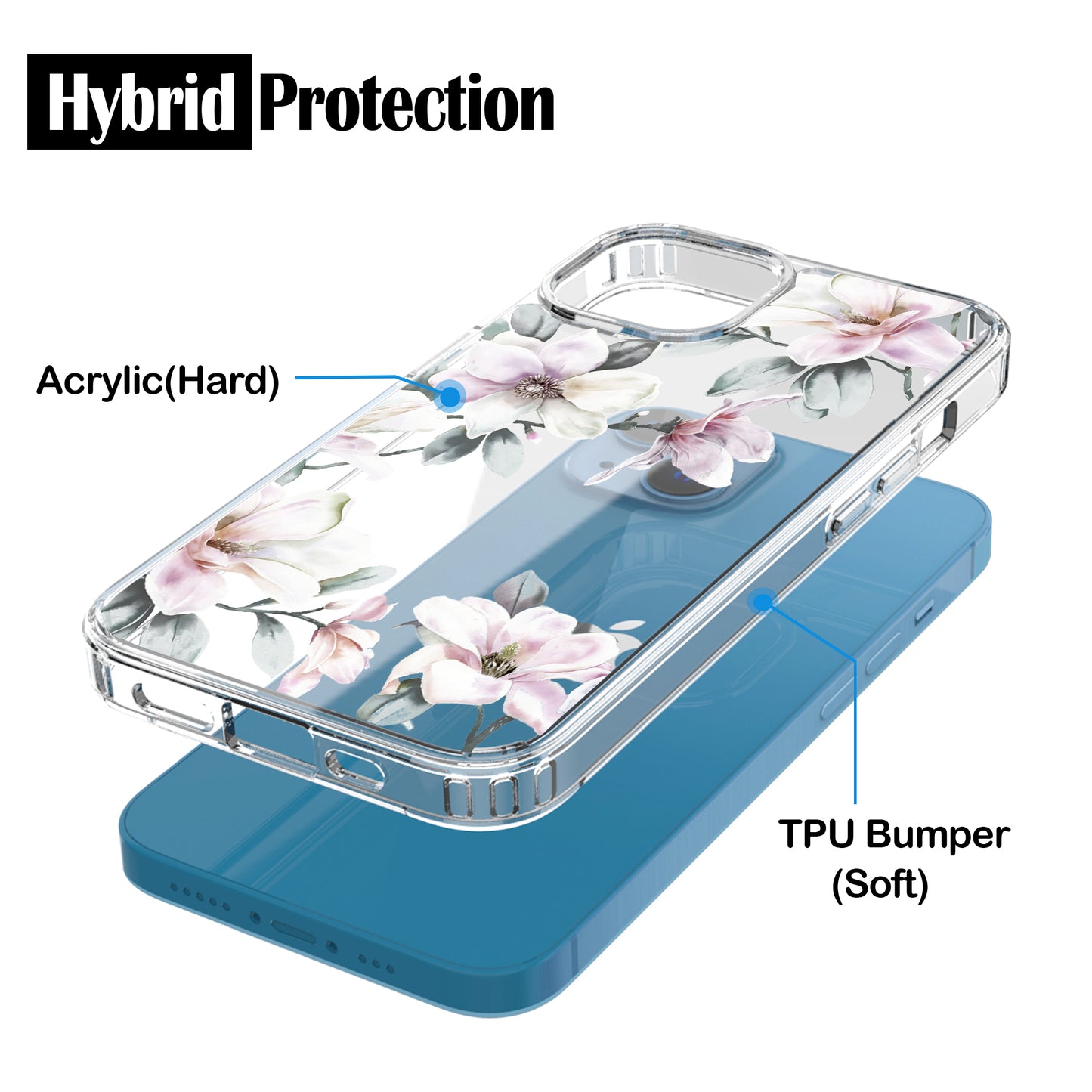 iPhone 13 Case, Anti-Scratch Clear Case - Pink Magnolia Flower