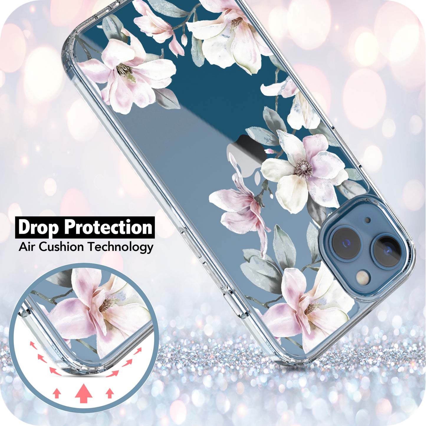 iPhone 13 Case, Anti-Scratch Clear Case - Pink Magnolia Flower