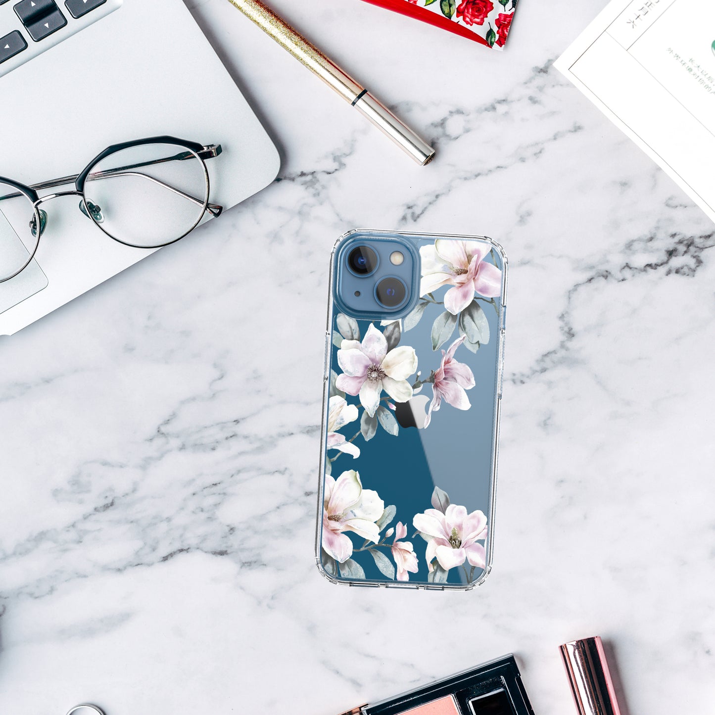 iPhone 13 Case, Anti-Scratch Clear Case - Pink Magnolia Flower
