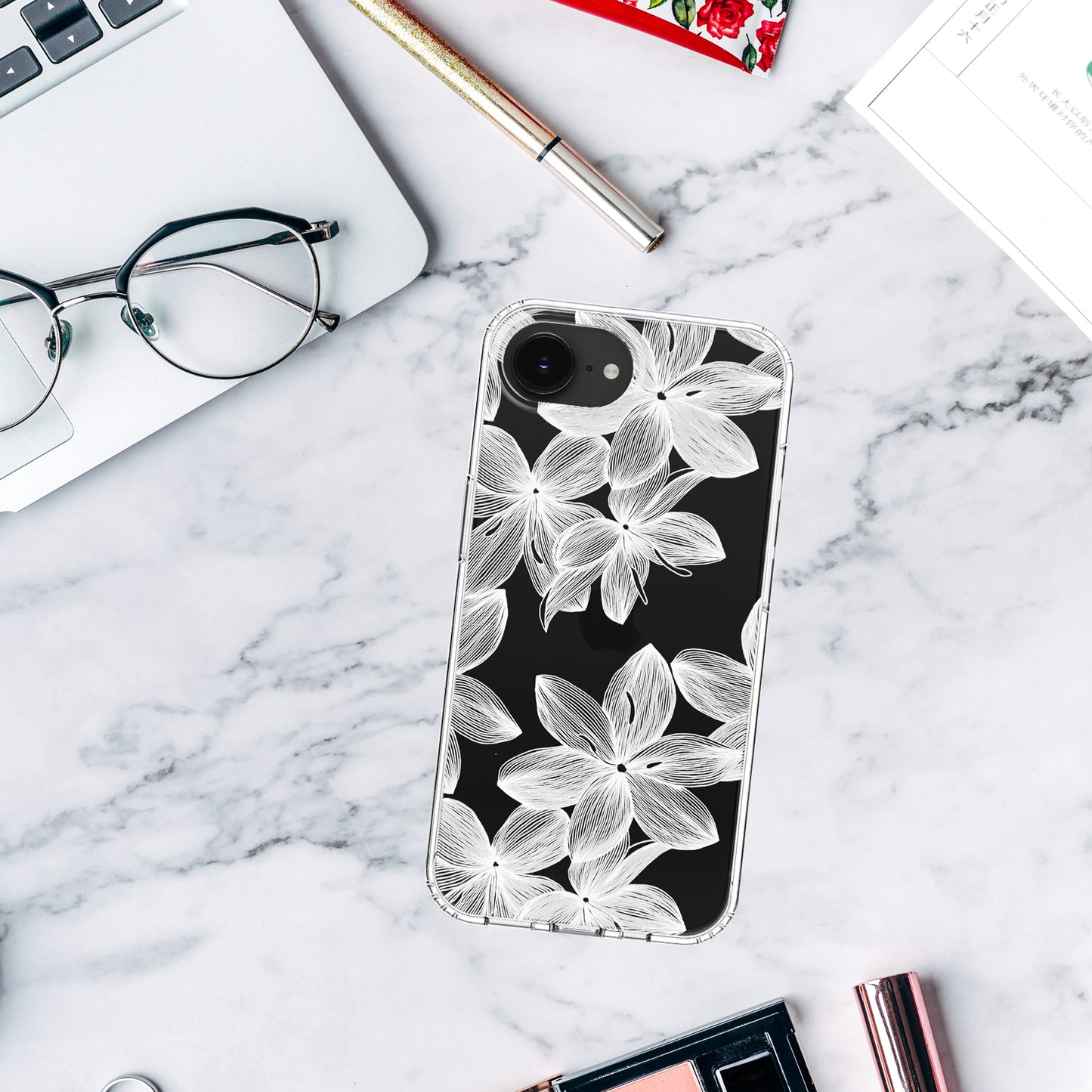 iPhone 16E Case, Anti-Scratch Clear Case - White Flower
