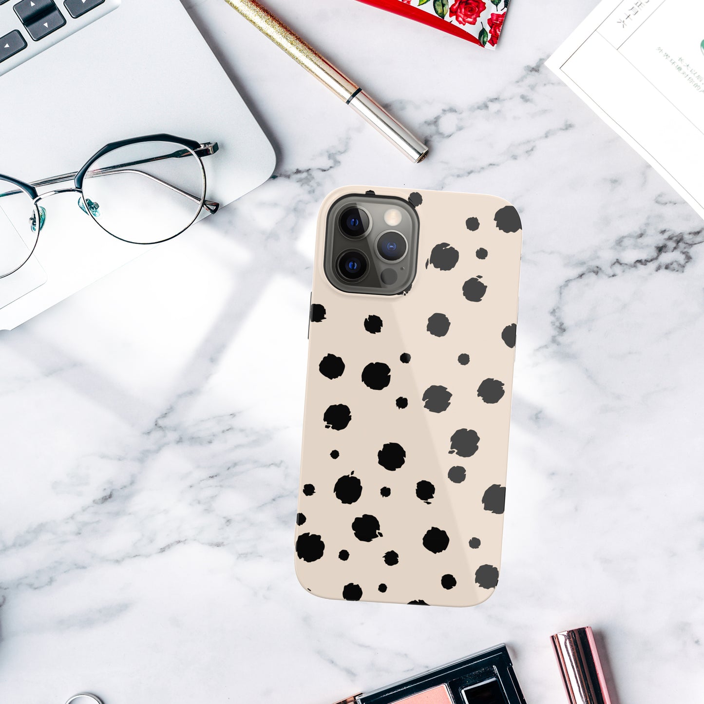 iPhone 12 / iPhone 12 Pro Case, Ultra Slim Glossy Shockproof Scratch-Proof Case - Vanilla Black Polka Dots
