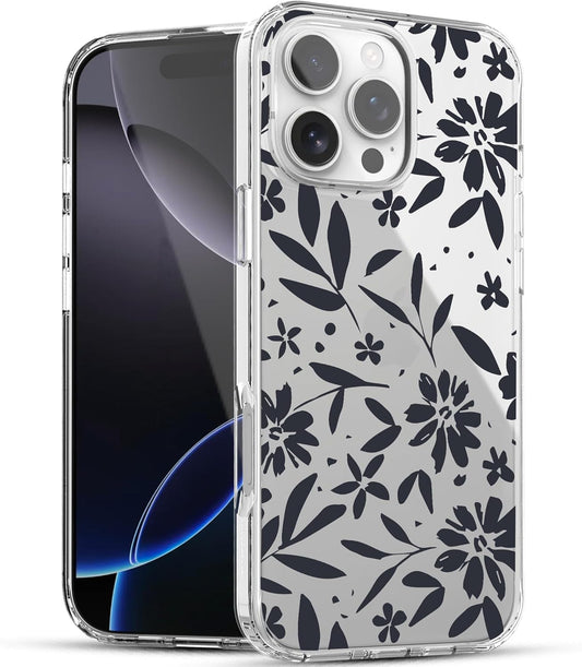 iPhone 16 Pro Max Case, Anti-Scratch Clear Case - Black Flowers