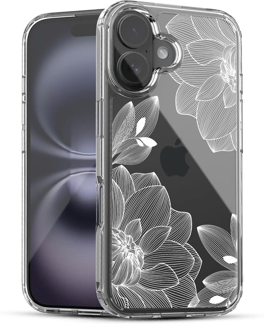 iPhone 16 Case, Anti-Scratch Clear Case - White Lace Chrysanthemum