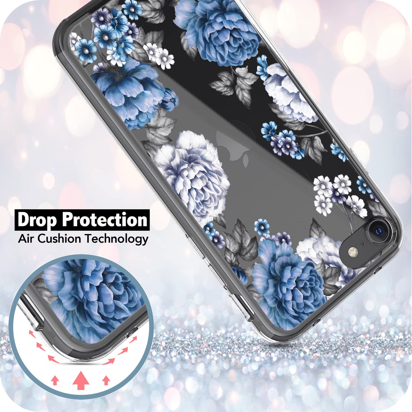 iPhone SE 2022/ SE 2020/ iPhone 8/ iPhone 7 Case, Anti-Scratch Clear Case - Blue Roses