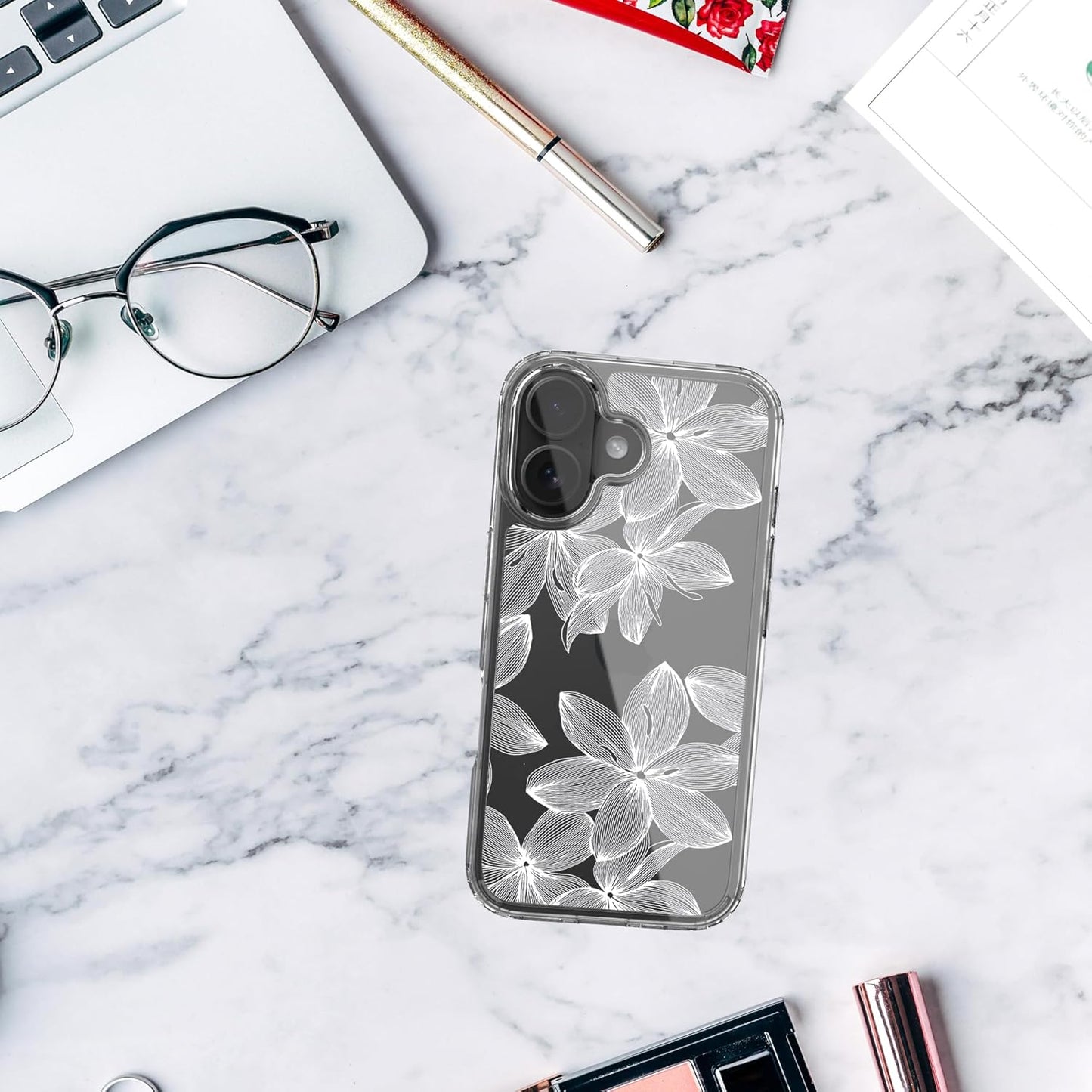 iPhone 16 Case, Anti-Scratch Clear Case - White Flower