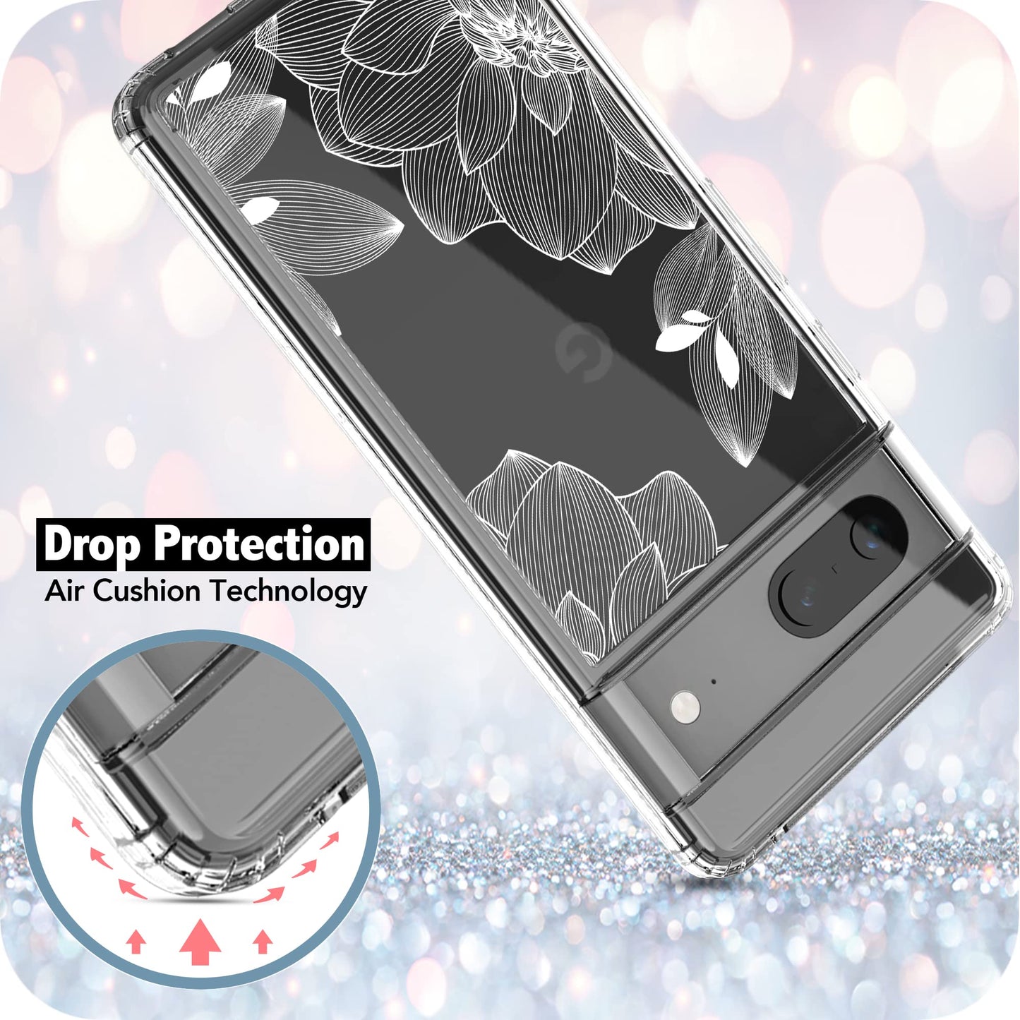 Google Pixel 7 Case, Anti-Scratch Clear Case - White Lace Chrysanthemum