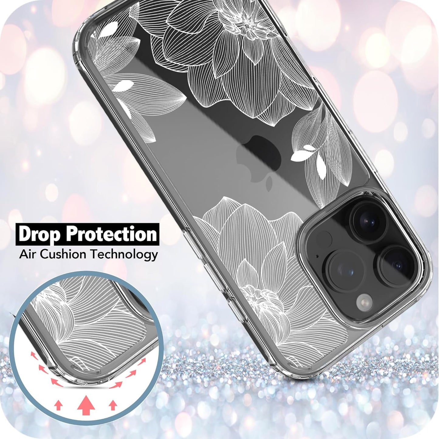 iPhone 16 Pro Case, Anti-Scratch Clear Case - White Lace Chrysanthemum