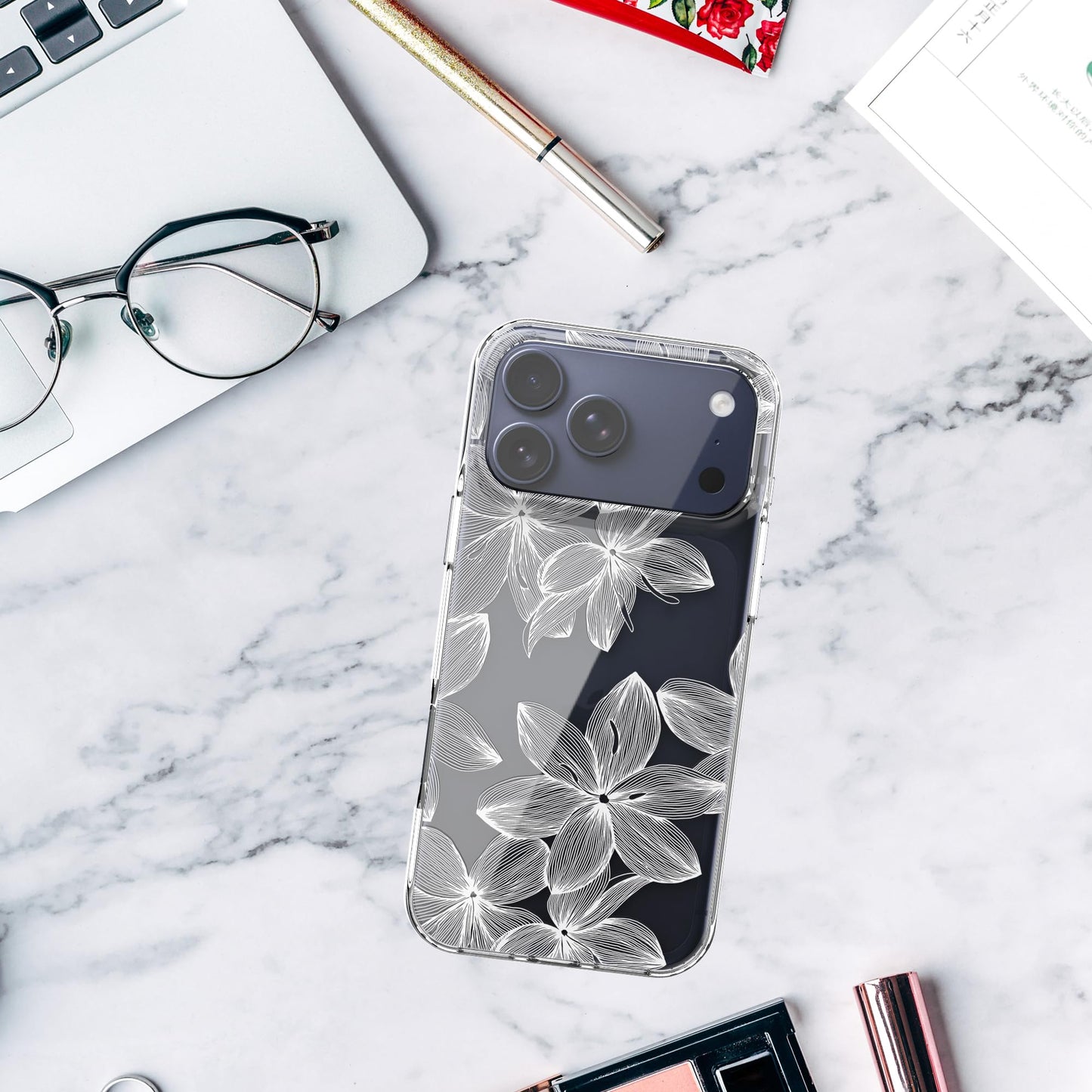 iPhone 17 Pro Case, Anti-Scratch Clear Case - White Flowers