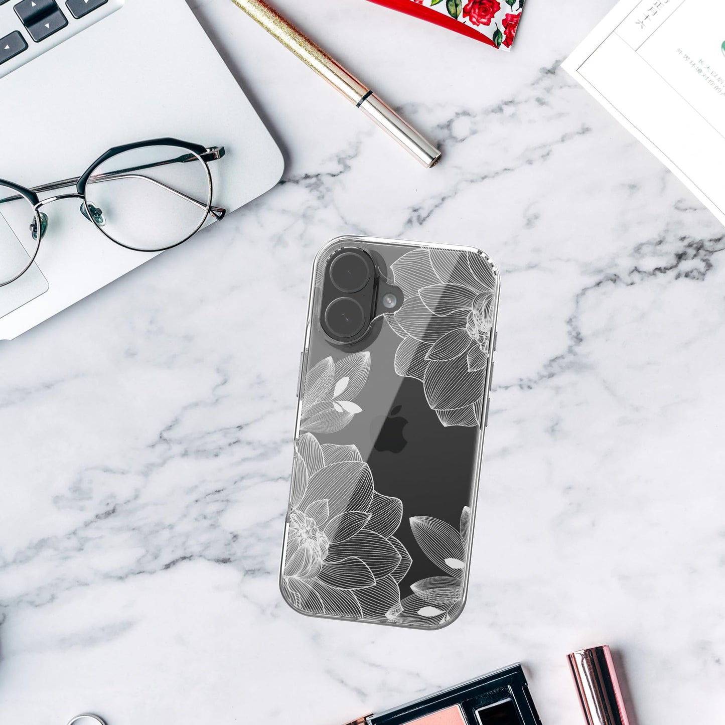 iPhone 17 Case, Anti-Scratch Clear Case - White Lace Chrysanthemum