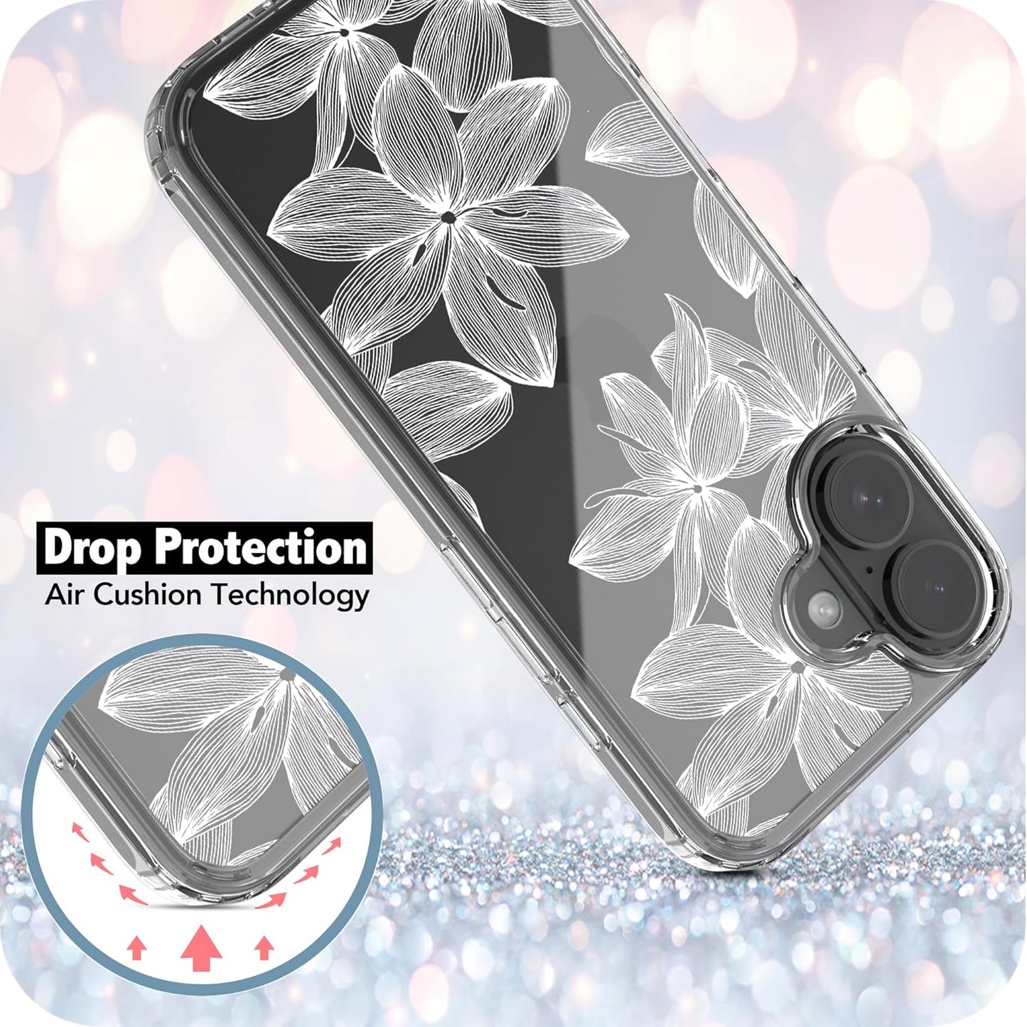 iPhone 16 Case, Anti-Scratch Clear Case - White Flower