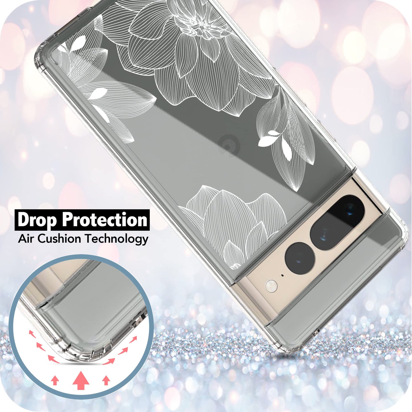 Google Pixel 7 Pro Case, Anti-Scratch Clear Case - White Lace Chrysanthemum