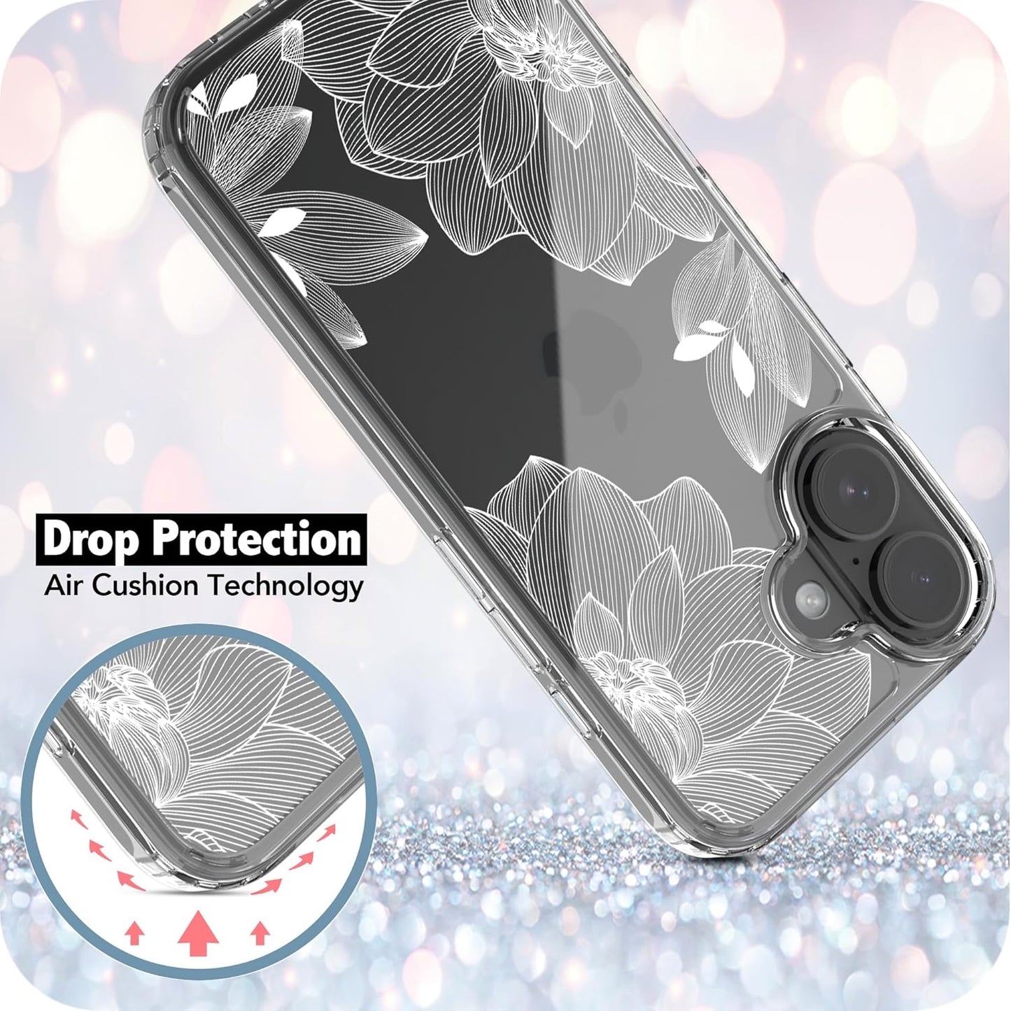 iPhone 16 Plus Case, Anti-Scratch Clear Case - White Lace Chrysanthemum