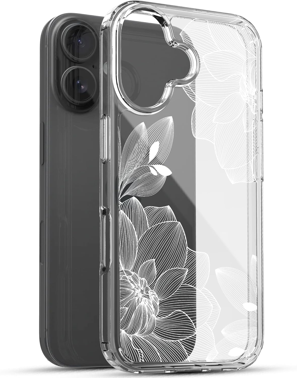 iPhone 16 Plus Case, Anti-Scratch Clear Case - White Lace Chrysanthemum