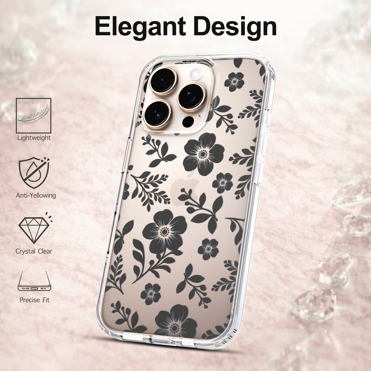 iPhone 16 Pro Case, Anti-Scratch Clear Case - Black Roses Flowers