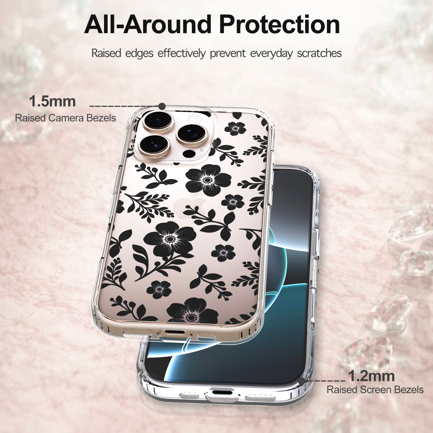 iPhone 16 Pro Case, Anti-Scratch Clear Case - Black Roses Flowers