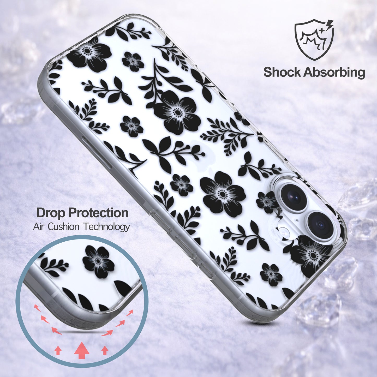 iPhone 16 Plus Case, Anti-Scratch Clear Case - Black Roses Flowers