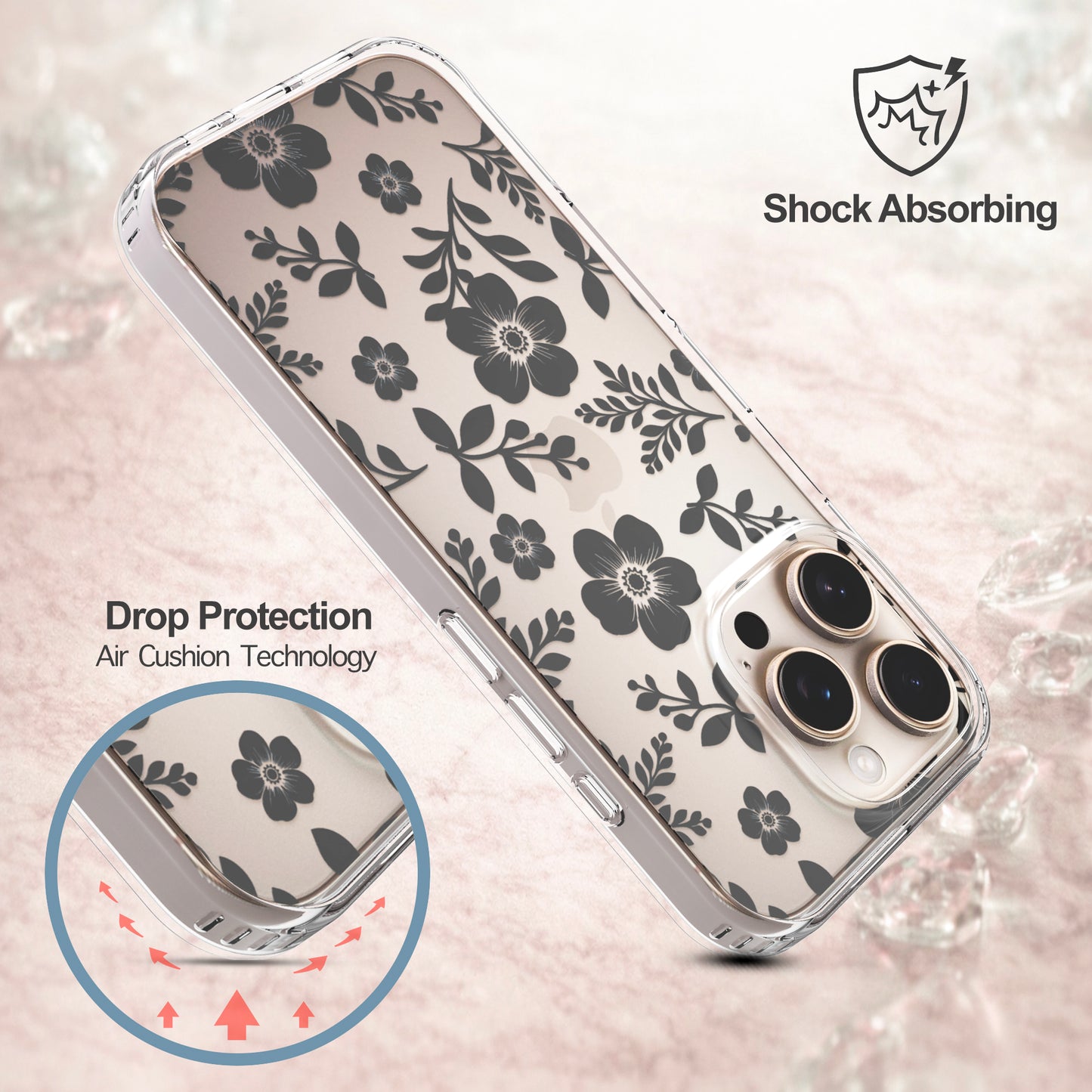 iPhone 16 Pro Case, Anti-Scratch Clear Case - Black Roses Flowers