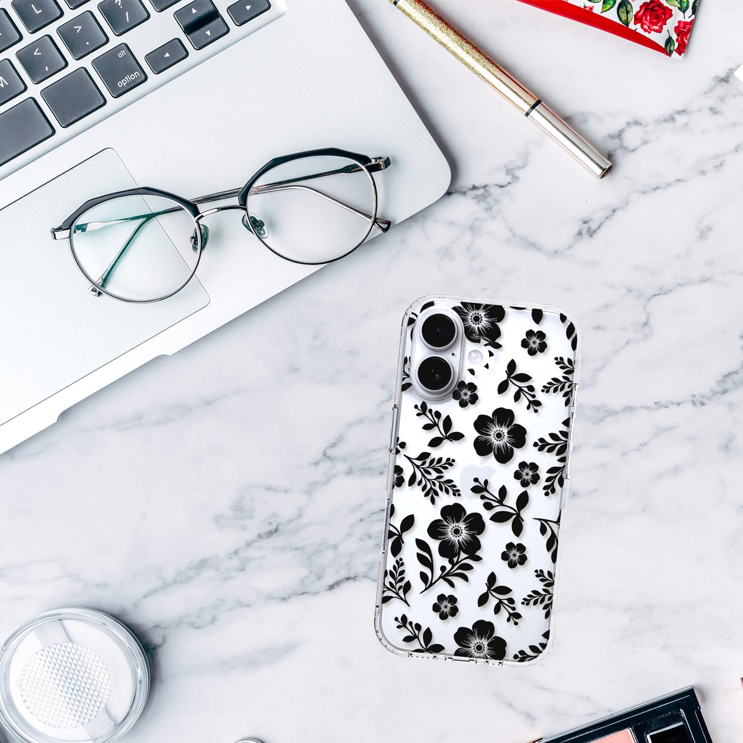 iPhone 16 Plus Case, Anti-Scratch Clear Case - Black Roses Flowers