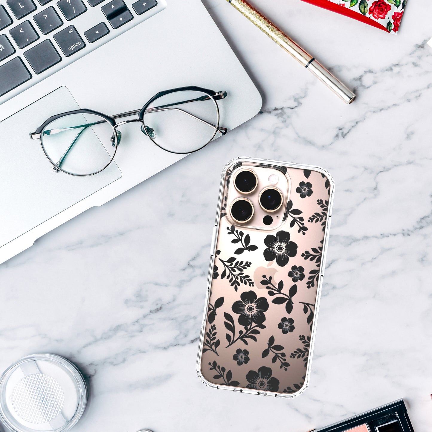 iPhone 16 Pro Case, Anti-Scratch Clear Case - Black Roses Flowers