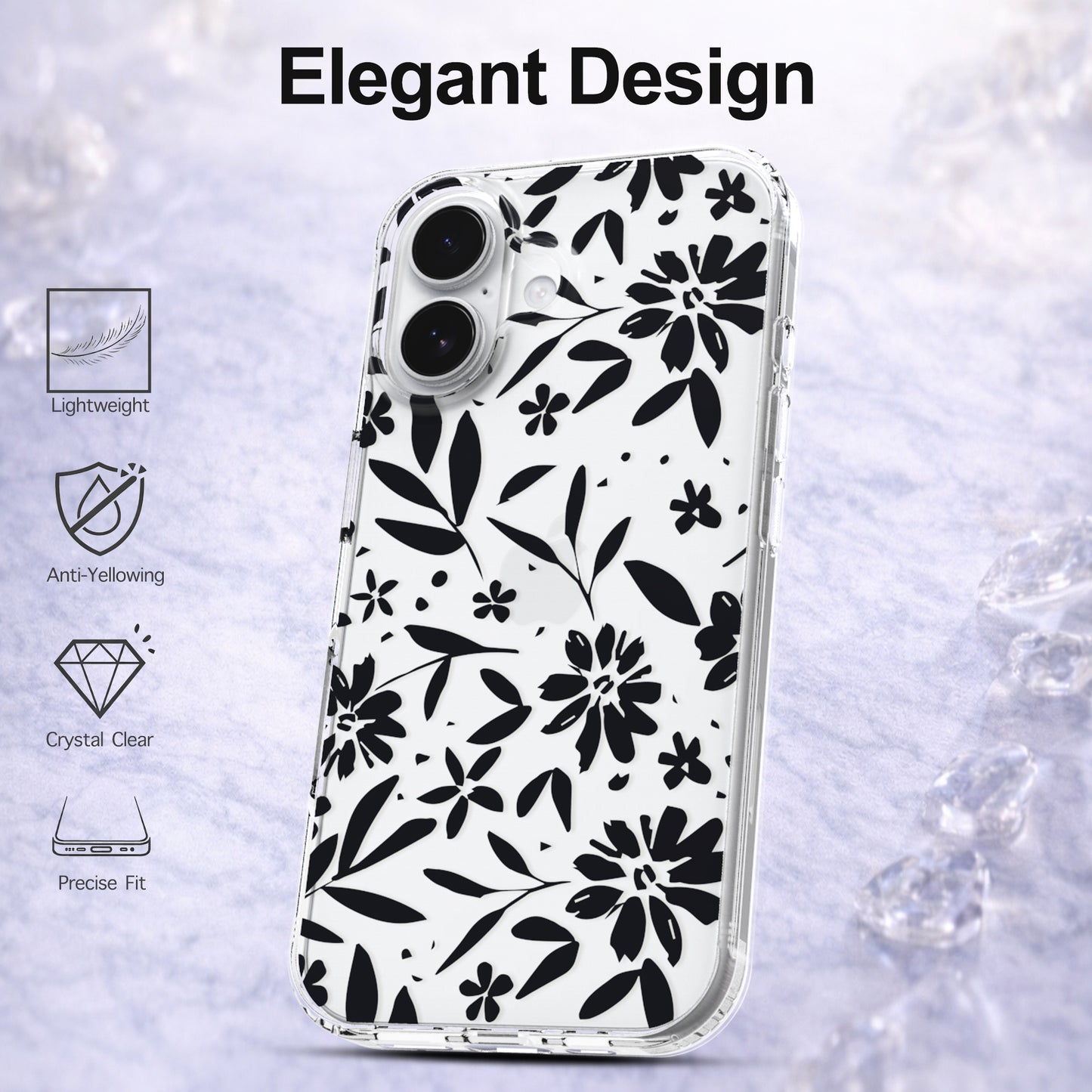 iPhone 16 Plus Case, Anti-Scratch Clear Case - Black Flowers